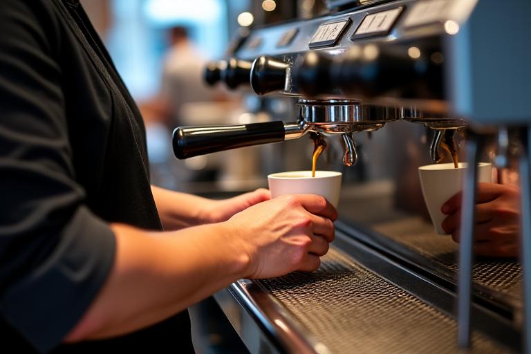 Un barista experto preparando un espresso con una máquina de café profesional.