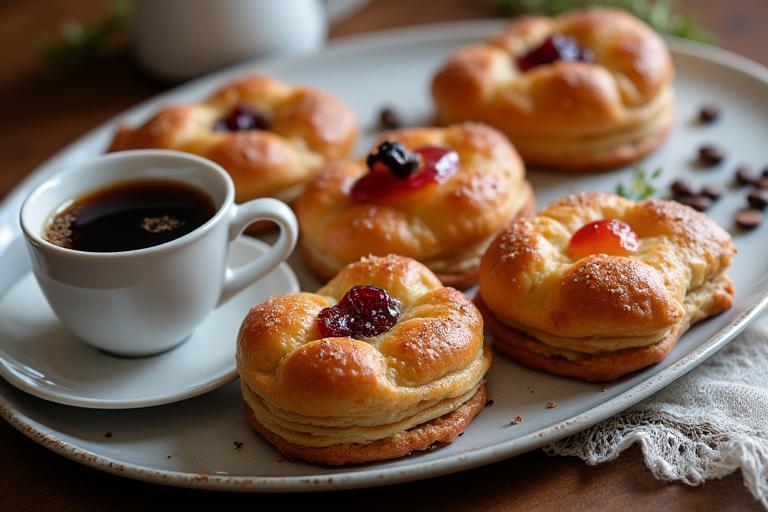 Una mesa de café con pasteles recién horneados y una taza de café humeante.